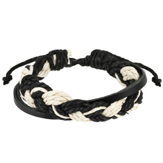 Bracelet � lani�re de cuir noir avec triple cordage noir et blanc