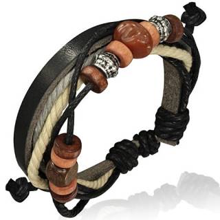Bracelet � lani�re de cuir noir, cordes claires et perles en bois, m�tal et pierre
