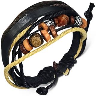 Bracelet � lani�re de cuir noir, cordes trois tons et diverses perles