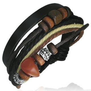 Bracelet � lani�re de cuir noir et cordes avec perle de bois, m�tal et pierre rouge