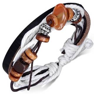 Bracelet � lani�re de cuir noir et cordes blanches avec perles