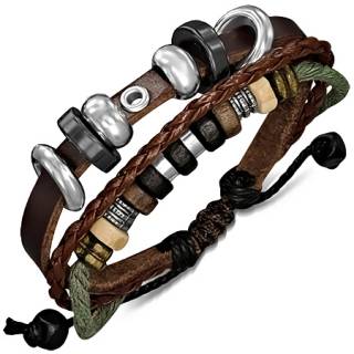 Bracelet � lani�re et tresse de cuir avec multiple perles