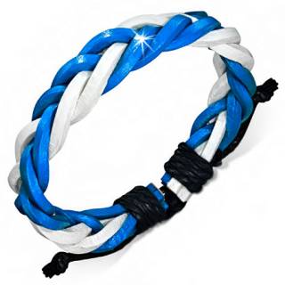 Bracelet � lani�res de cuir bleu et blanc en tresse avec cordes