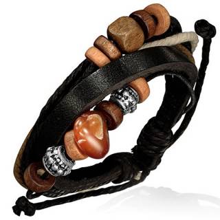 Bracelet � lani�res de cuir et cordes noires avec de nombreuses perles