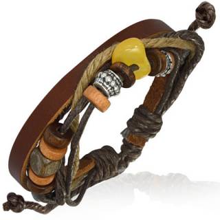 Bracelet � lani�res de cuir marron avec perles de bois, m�tal et pierre jaune