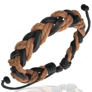 Bracelet � lani�res de cuir noir et cordes marrons altern�es