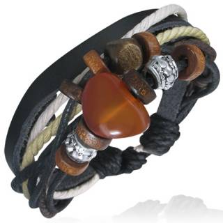 Bracelet avec lani�re de cuir noir, perles de bois, m�tal et pierre