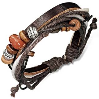 Bracelet blanc et marron en cuir et cordes avec perles