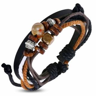 Bracelet de corde et cuir avec perles en bois, m�tal et pierre