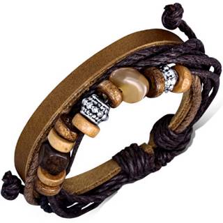 Bracelet de corde noires et cuir cuir kaki avec perles