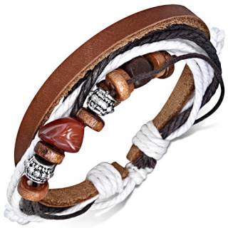 Bracelet de cuir marron, cordes noires et blanches avec diverses perles