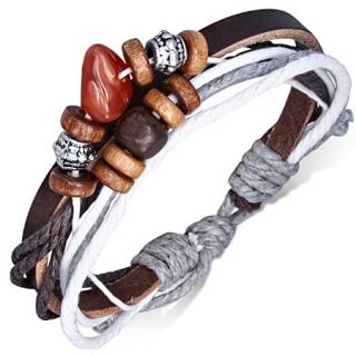 Bracelet de cuir marron et cordes claires avec perle de bois, m�tal et pierre