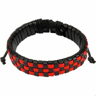 Bracelet en cuir � damier noir et rouge