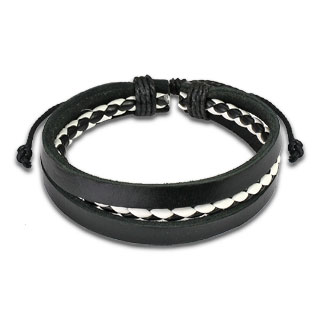 Bracelet en cuir avec lani�res et tresse noire et blanche