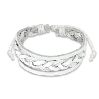 Bracelet en cuir blanc avec torsade au centre et bandes lat�rales