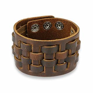 Bracelet en cuir marron aspect us� � lani�res crois�es en damier