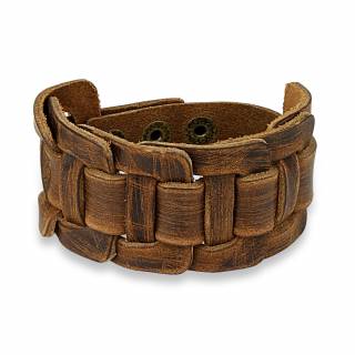 Bracelet en cuir marron d'aspect us� � larges lani�res crois�es