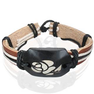 Bracelet en cuir marron et corde avec plaque en os � fleur