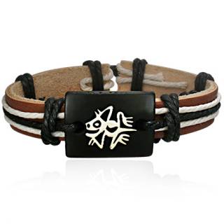 Bracelet en cuir marron et corde avec plaque en os � grenouille