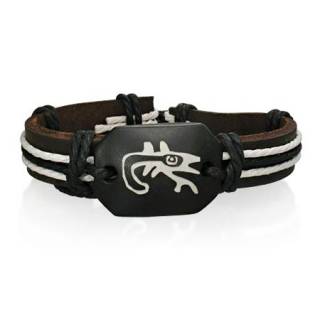Bracelet en cuir marron et corde avec plaque en os � l�zard