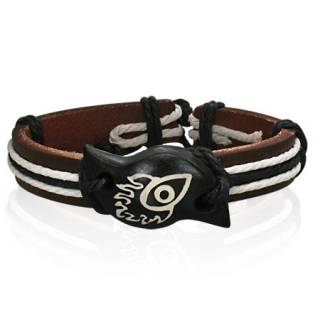 Bracelet en cuir marron et corde avec plaque en os � oeil de d�mon