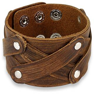 Bracelet en cuir marron us� � lani�res dispos�es en X