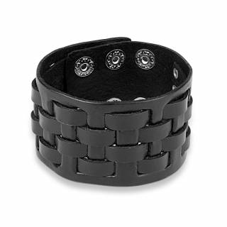 Bracelet en cuir noir � lani�res crois�es en damier