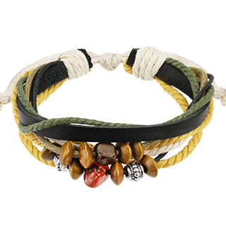 Bracelet en cuir noir avec cordes et perles de bois, pierre et m�tal
