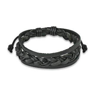 Bracelet en cuir noir avec torsade au centre et bandes lat�rales