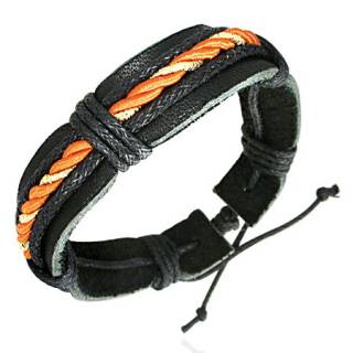 Bracelet en cuir noir avec torsade orange et dor�e