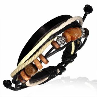 Bracelet en cuir noir, cordes avec perles de bois, pierre et m�tal