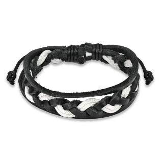Bracelet en cuir noir et blanc avec torsade au centre et bandes lat�rales