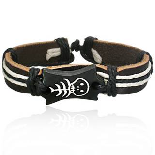 Bracelet en cuir noir et corde avec plaque en os � squelette