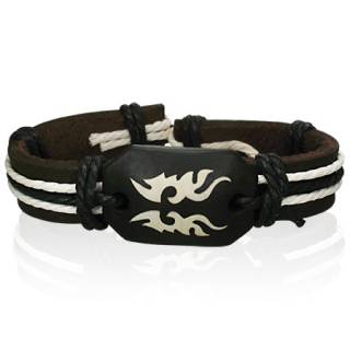 Bracelet en cuir noir et corde avec plaque en os � symboles tribaux