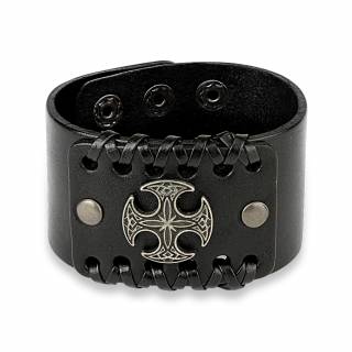 Bracelet en cuir noir travers� de lacets avec croix celtique ronde