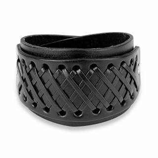 Bracelet en cuir noir travers� de multiples lacets en croisillons