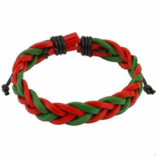 Bracelet en cuir tress� rouge et vert
