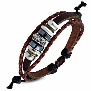 Bracelet ethnique � tresses et lani�re de cuir avec perles annel�es en m�tal