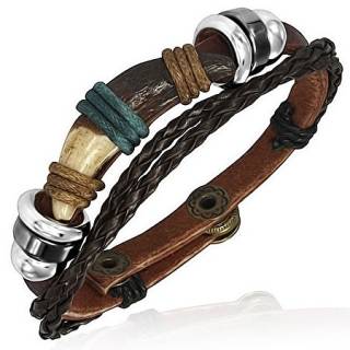 Bracelet ethnique en cuir avec corne et perles m�talliques annel�es