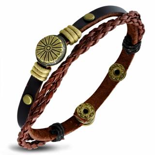 Bracelet ethnique en cuir rivet� et tress� � fleur m�tallique