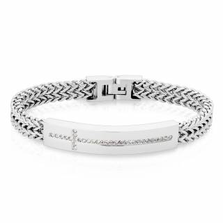 Bracelet-gourmette homme en acier � maillons en V et croix de pierres