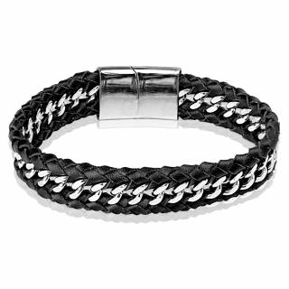 Bracelet homme � maille gourmette et cuir tress�