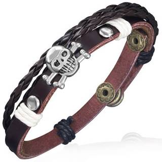 Bracelet homme � t�te de mort, tresse et ruban de cuir rivet�