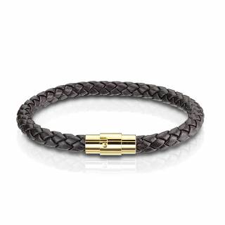 Bracelet homme � tresse similicuir marron et attache acier dor�