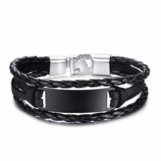 Bracelet homme � tresses de cuir et plaque m�tal noire