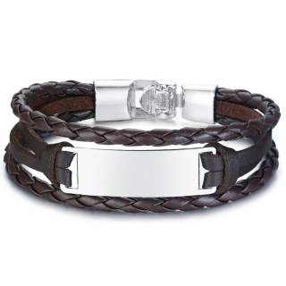 Bracelet homme � tresses de cuir marron et plaque m�tal grise