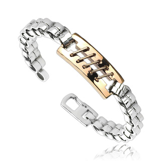 Bracelet homme en acier � maillons bomb�s et plaque cuivr�e � lacets