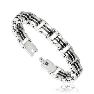 Bracelet homme acier � maillons argent�s � bandes noires