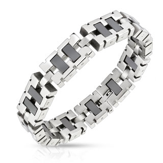 Bracelet homme acier � gros maillons rectangulaires argent�s et noirs