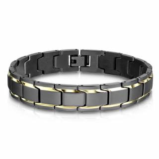 Bracelet homme acier � mailles chenille noires avec liser� dor�
